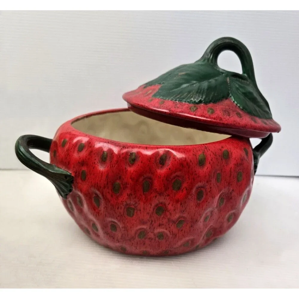Vintage 1970s Ceramic Strawberry  Serving Bowl Cookie Jar w/ Lid 11